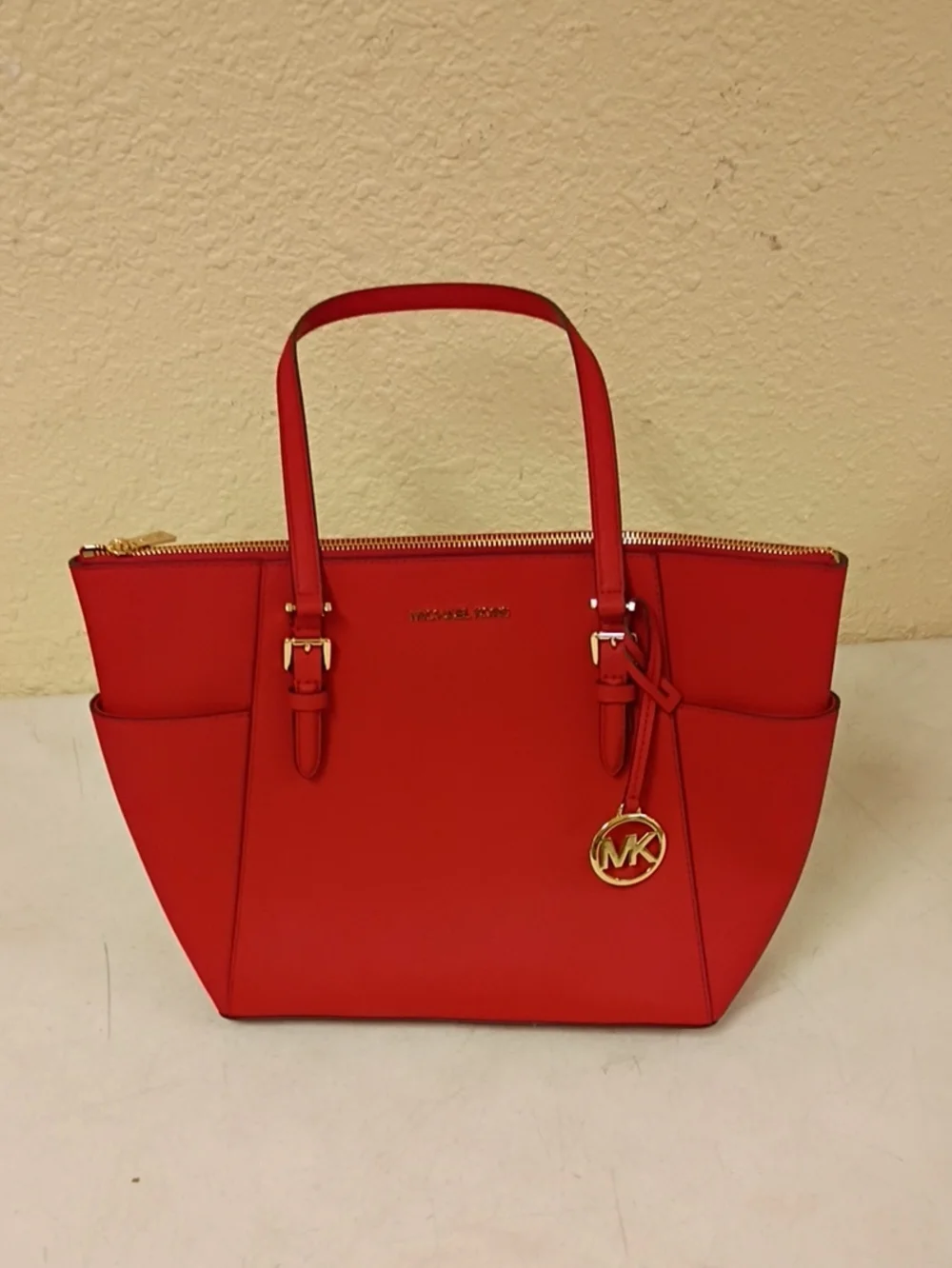 Michael Kors Bright Red Saffiano Tote with Gold Hardware